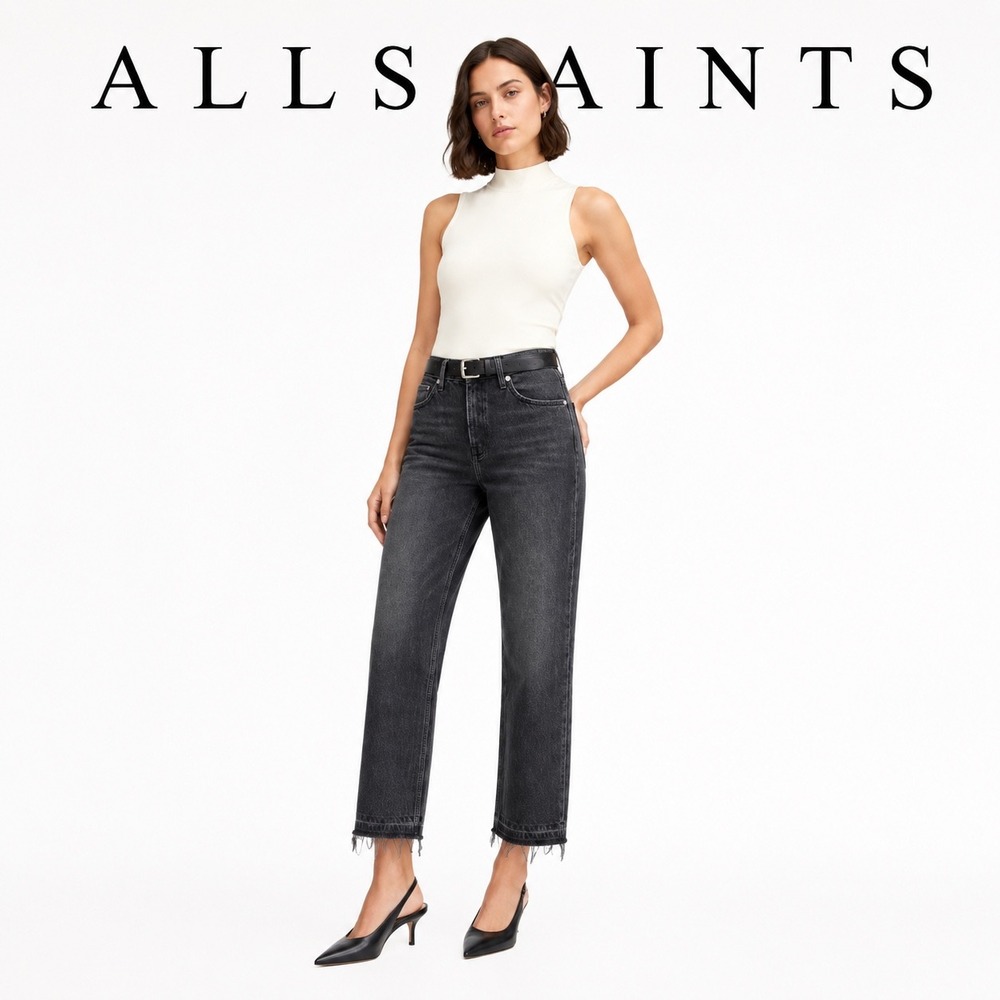 AllSaints Black Ava Straight Leg Jeans W27 Raw Hem High Rise Denim